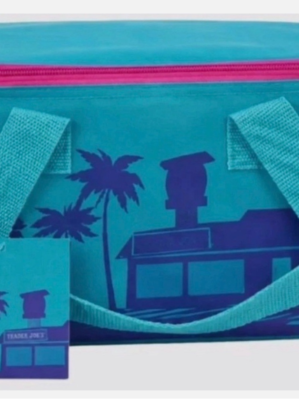 Mini Trader Joe’s Blue Cooler Teal and Pink Beach Tote with Palm Tree Graphic